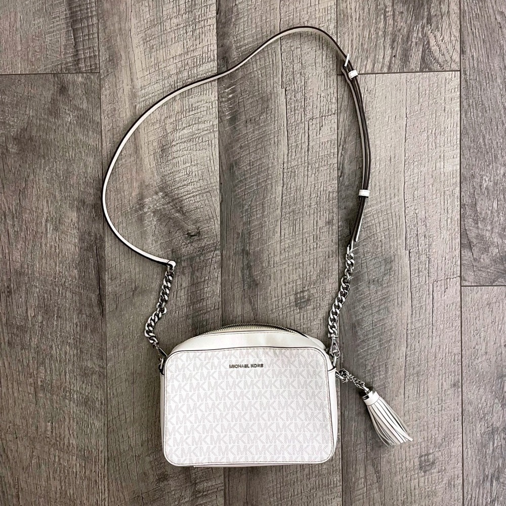 Michael Kors Jet Set Large East West Crossbody Bag Vanilla MK Logo Silver